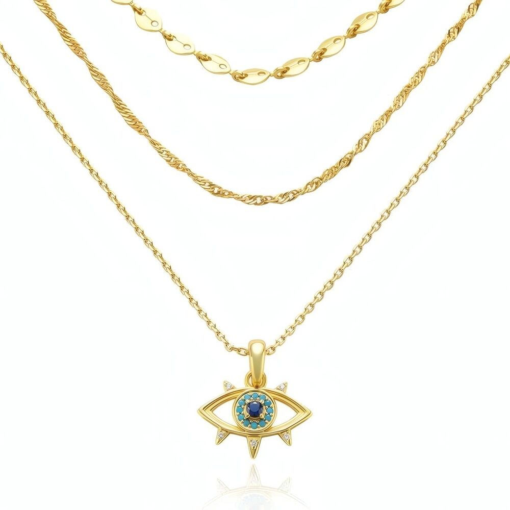 18K Gold Plated Blue Evil Eye Cubic Zirconia 3 Layer Necklace Set for Women